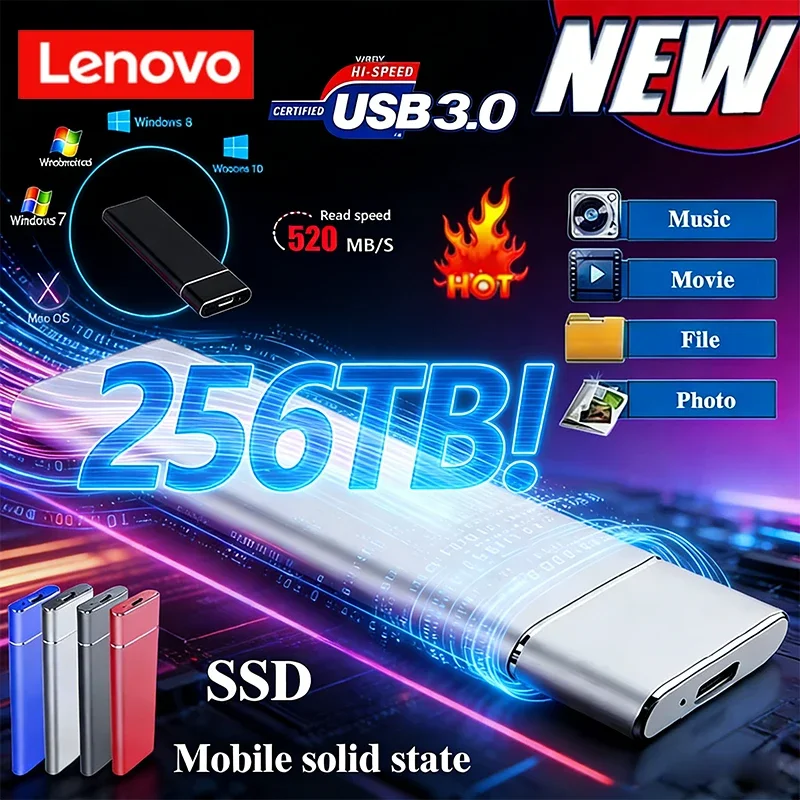 

Портативный SSD-накопитель Lenovo Mini 256 ТБ, 1 ТБ, 2 ТБ, высокоскоростной оригинальный SSD, внешний жесткий диск USB 3.0 для компьютера и ноутбука