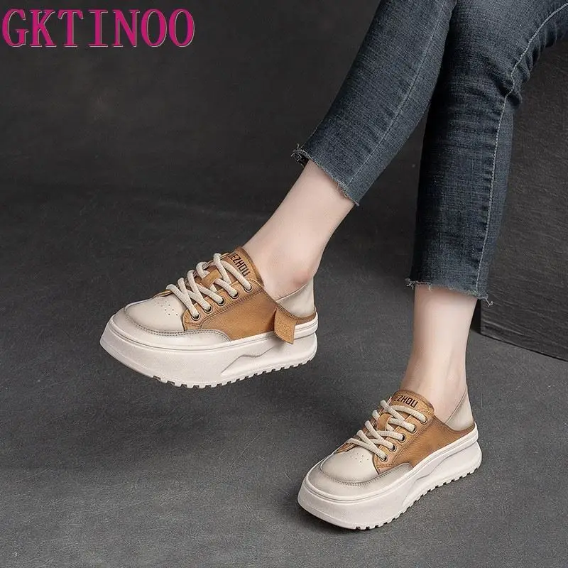 GKTINOO Genuine Cow Leather Women Sneakers Plus Size Spring Autumn Ladies Casual Shoes Retro Vulcanized Woman Summer Loafers