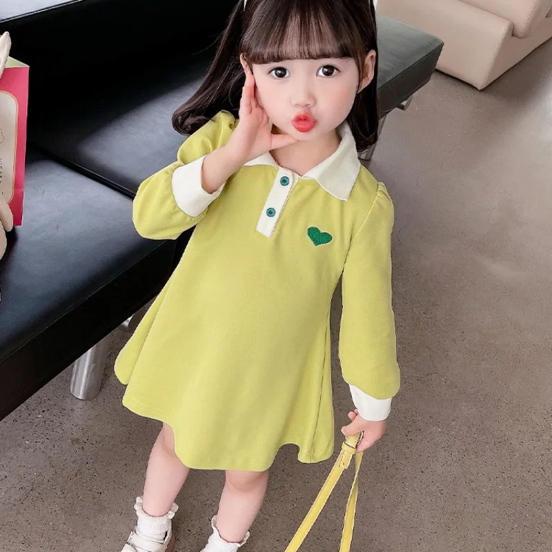 

Весенне-осеннее платье принцессы с длинными рукавами и воротником-поло для девочек с акцентом в форме сердца для детей от 4 до 12 лет