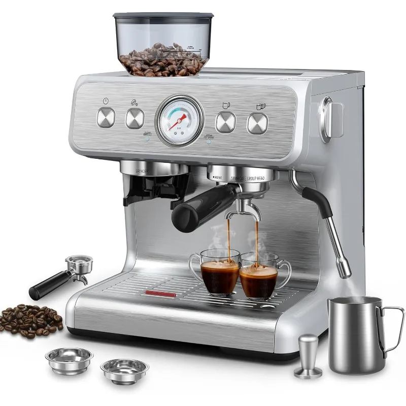 Espresso Machine with Built-in Grinder,Milk Frother Steam Wand,Stainless Steel  with Removable Water Tank for Cappuccino