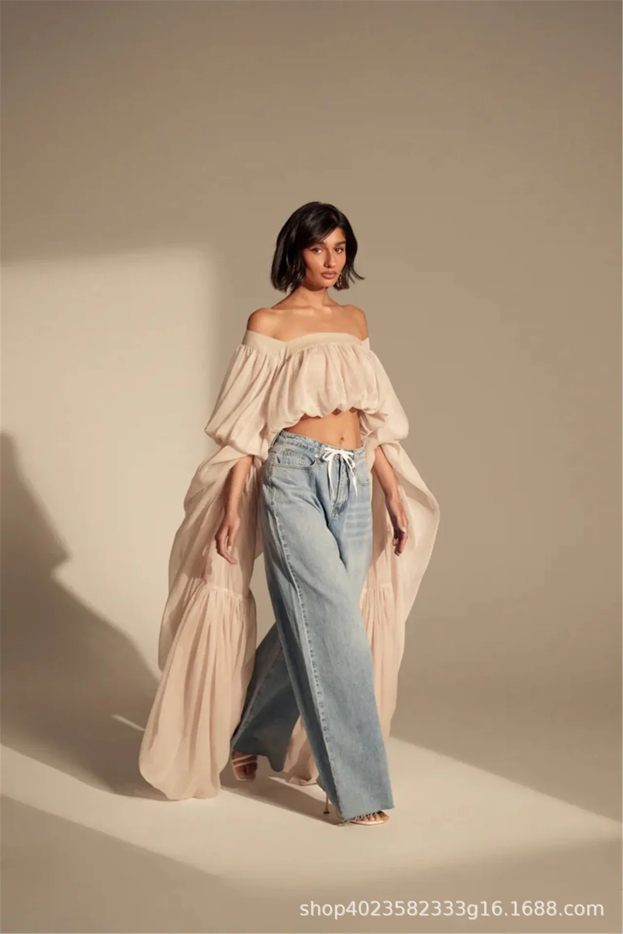 Square Neck Flowy Tunic Blouse Batwing Long Ruffle Maxi Cape Sleeve Loose Chiffon Blouse Women Boho Casual Elegant Flowy Shirt