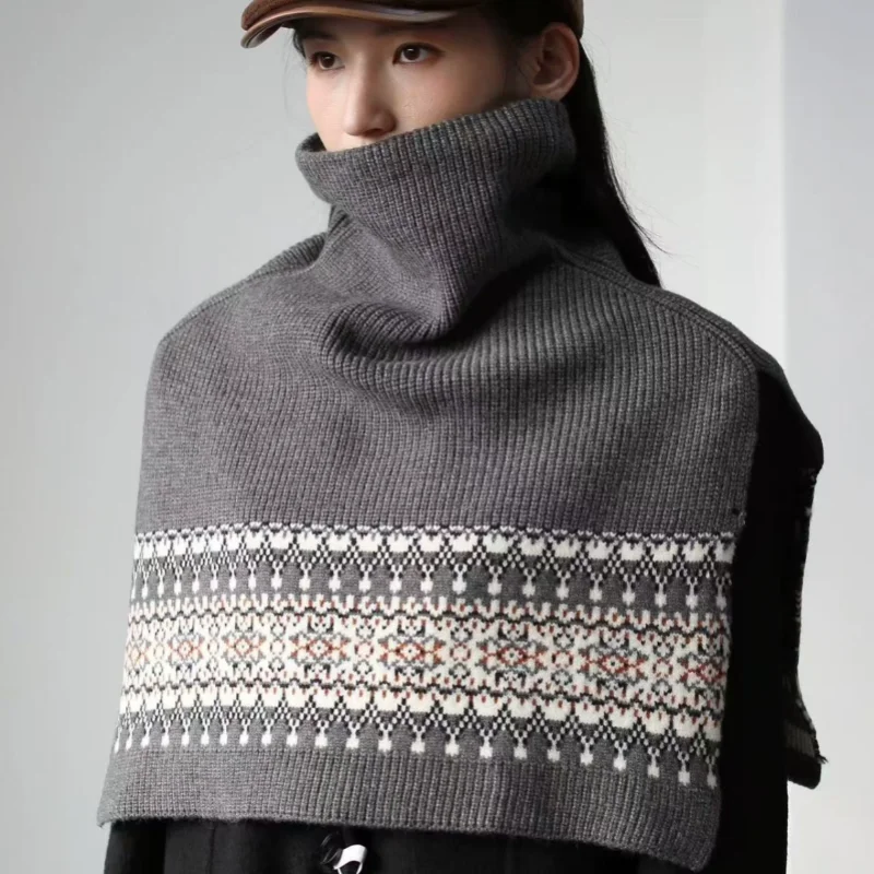 Women's Fair Isle Knit Neck Warmer Scarf, High Neck Knitted Capelet, Vintage Multicolor Jacquard Winter Shawl For Layering