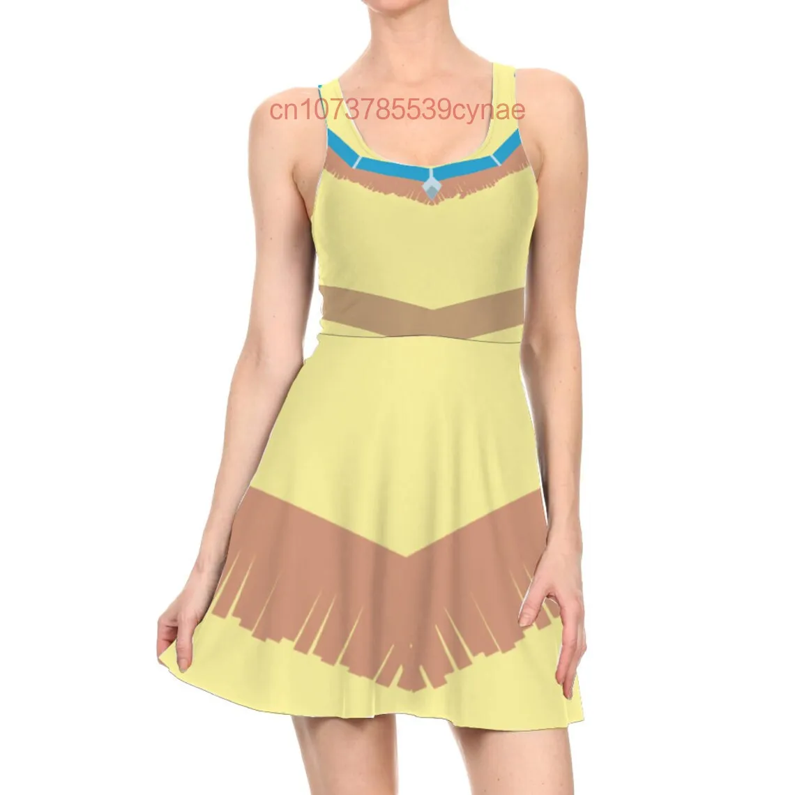 ใหม่ Pocahontas Princess Running เครื่องแต่งกาย Skater ชุดผู้หญิงรอบคอแฟชั่น Casual Beach Party Dress