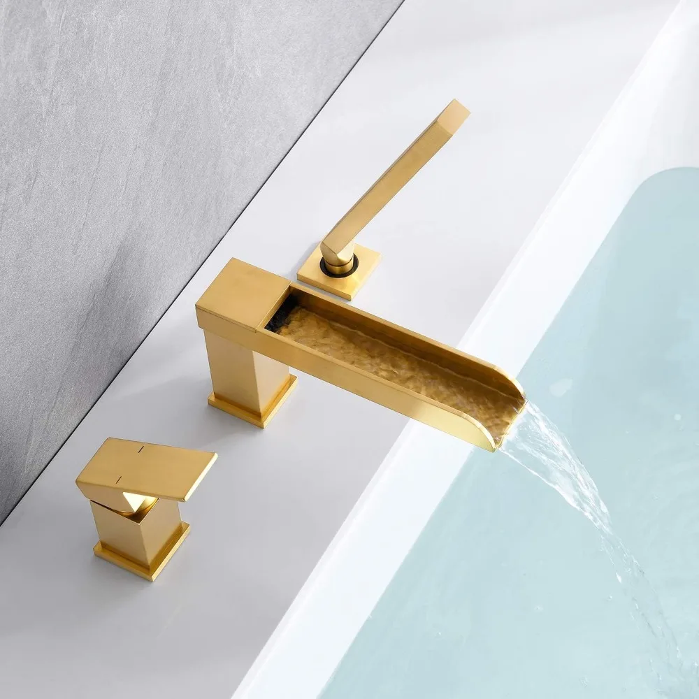 Roman Tub Faucets Deck Mount Brushed Gold Bathtub Faucets Brass Tub Filler Bathroom Faucets with Hand Shower