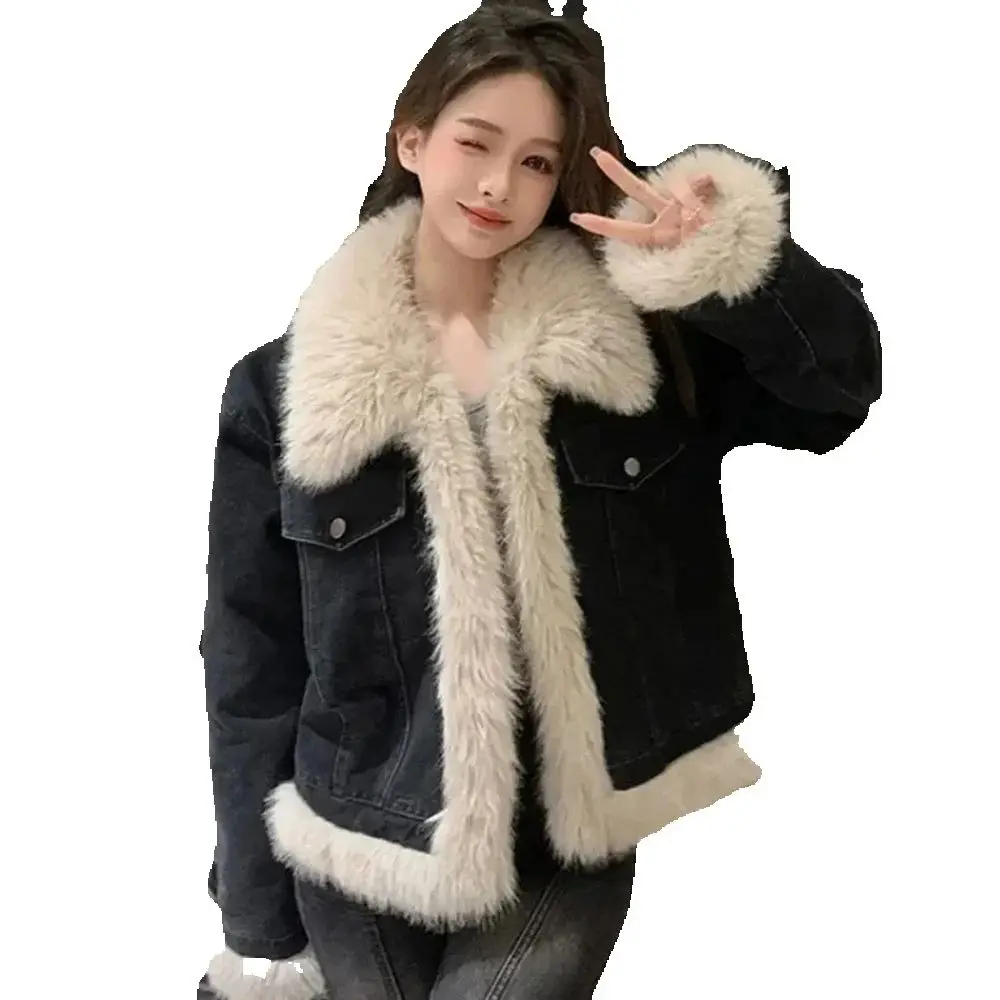 

Новое осенне-зимнее женское джинсовое пальто, парки, студенческая утолщенная хлопковая плюшевая куртка, женские короткие ковбойские пальто