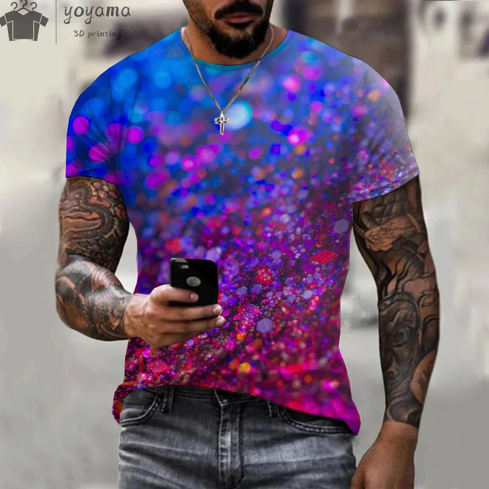 Hot Sale Summer Fashion Colorful Glitter 3d Printed Men T-Shirt Unisex Casual Trendy Oversize Men’s Short Sleeve O Neck Tops