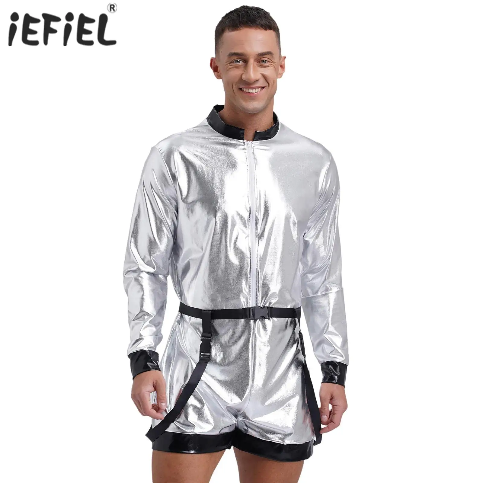 

Mens Metallic Shiny Alien Astronaut Jumpsuit with Waist Belt Front Zipper Boyshorts Bodysuit Alien Space Cadet Cosplay Costume
