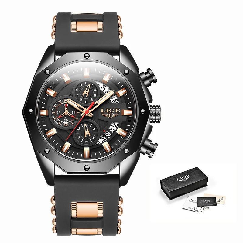 LIGE Luxury Mens Watch Sports Calendar Military Man Watch Waterproof Luminous Silicone Strap Chronograph Quartz Watches for Men