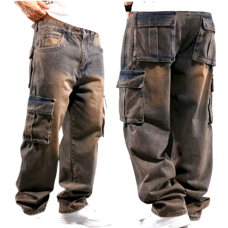 Jeans Pakaian Kerja Multi Saku Gaya Amerika, Celana Kaki Lebar Pria yang Dicuci, Jeans Kebesaran Longgar