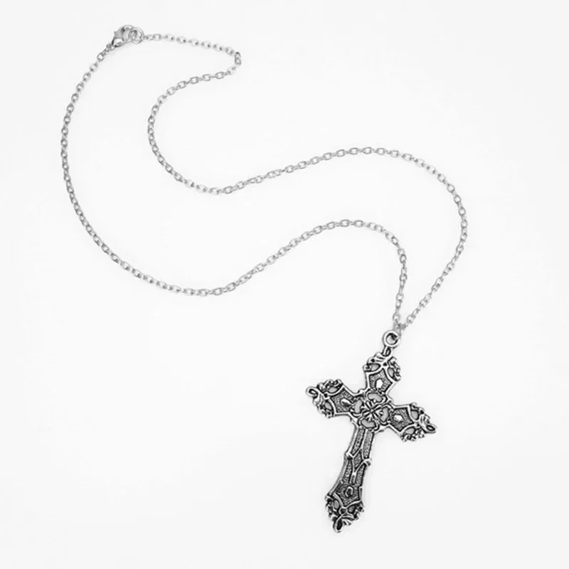 Retro Goth Cross Pendant Necklace for Men Women Religious Faith Holiday Personality Classic Stainless Steel Jewelry Punk Gift