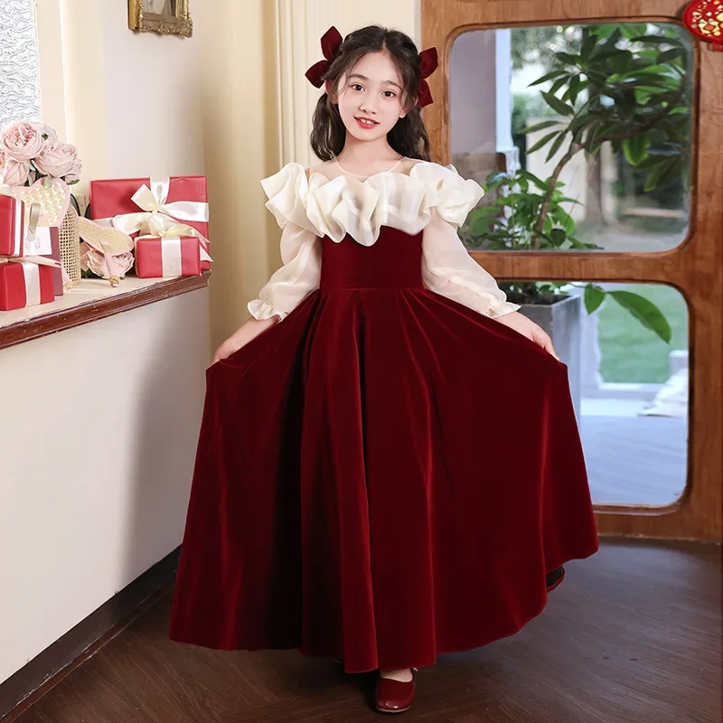 Robe de mariage à fleurs rouges pour enfants, petite fille, fête d'anniversaire, princesse hôte, spectacle de Piano, printemps automne