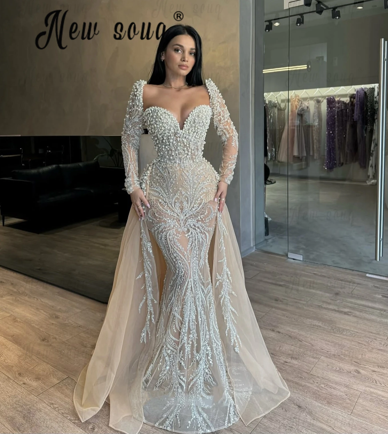 Robe de soirée deux pièces champagne clair avec poignées, robes de Rhde fiançailles, train amovible, perles, deuxième réception formelle, quoi que ce soit, 2025