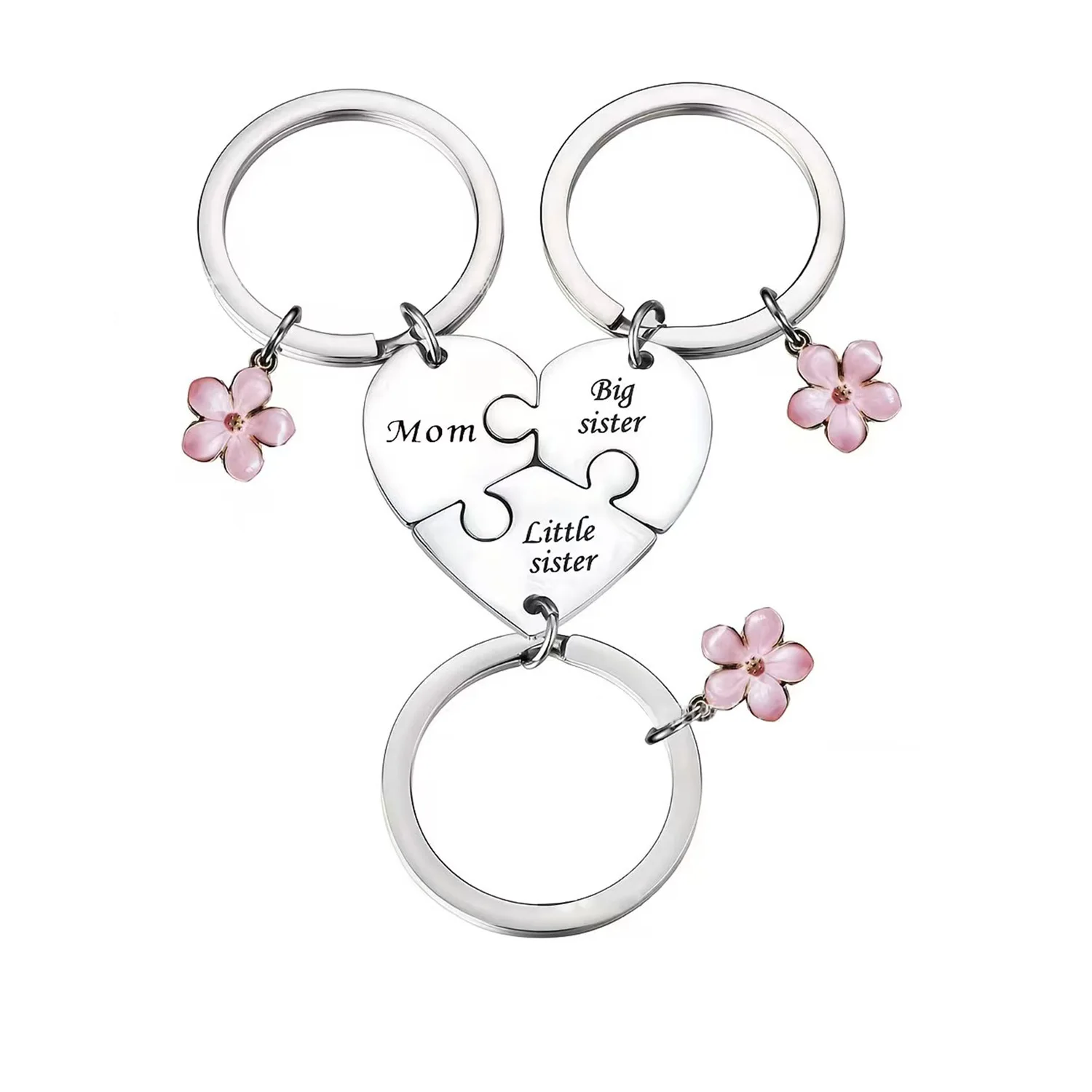 3 Pcs Big Sister Middle Sister Little Sister Puzzle Heart Keychain Stainless Steel Mother Daughter Key Chain DIY Jewelry
