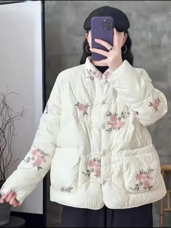 

Ele Embroidered Cotton Jaet Women's ort Lightweight Vintage Chinese Sle Button up Cotton Coat for Winter Commute