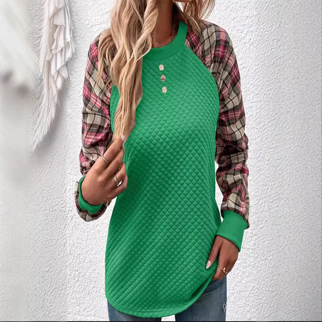 

2025 European and American Women's Fashion Diamond Plaid Spliced long Sleeve Round Neck Casual Sweatshirt