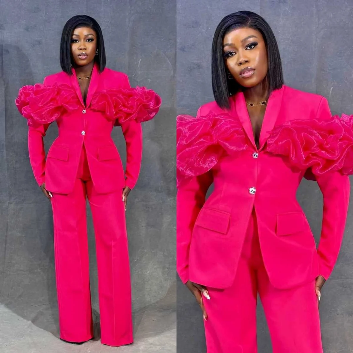 Personalizado rosa quente calças femininas ternos fino ajuste tule babados jaqueta formal senhoras desfile de moda festa wear outfits 2 peças