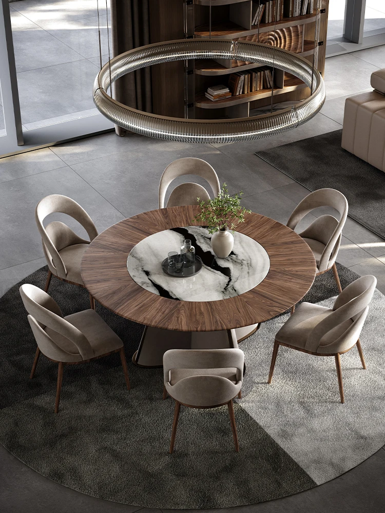 Solid wood light luxury luxury stone dining table large apartment type high-end home new Chinese black walnut large round table