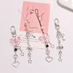 Goth Y2K Phone Charm Pink Silve Bow Heart Star Keychain Pendant Key Chain Bag Phone Chain Cute Accessory For Girls Women Jewelry