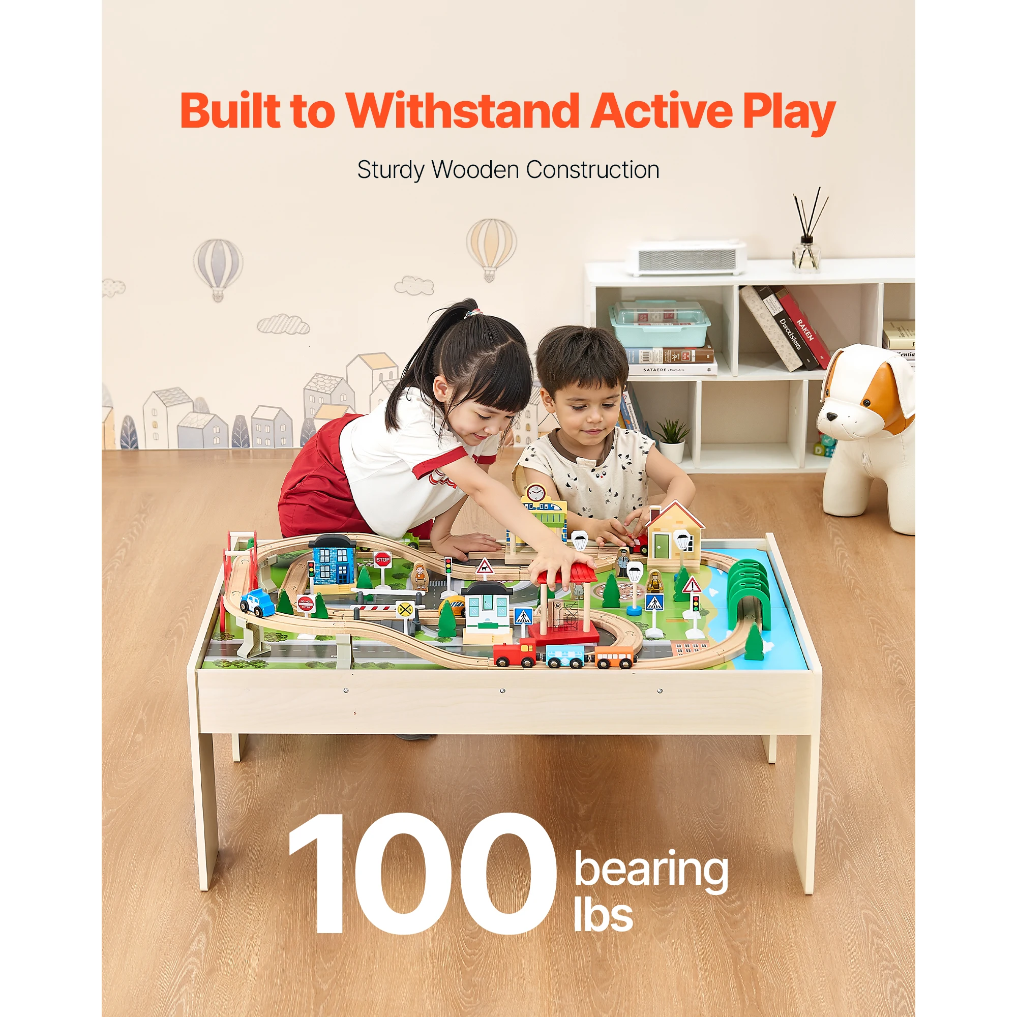 SucceBuy Ensemble de table de train en bois pour enfants 84 Jouets de table de jeu d'activité multicolore avec bac de rangement pour enfants Jouet de dessin de jeu