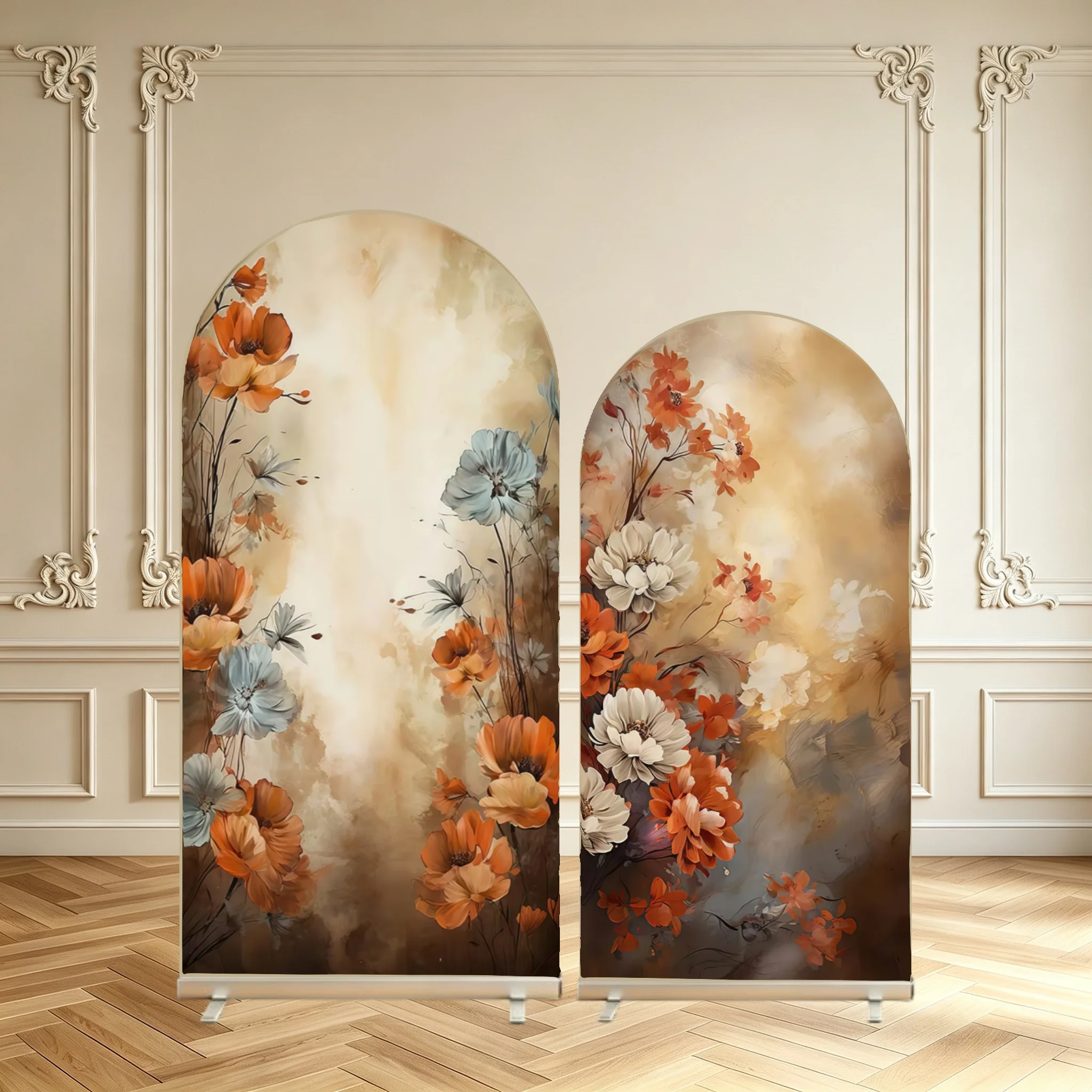 Retro Fall Floral Arch Backdrop Cover Oil‑Paint Style Flower Double Sided Arch Cover Background for Bridal Shower Wedding Decor