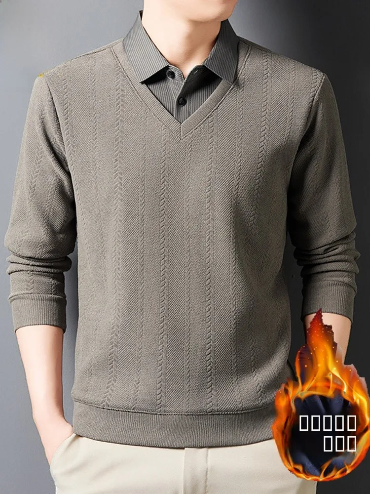 

Fce Lined Thiened irt Collar Knitted Base irt Men's Winter Sweater Faion Urban Busin Casual Stripe Pattern