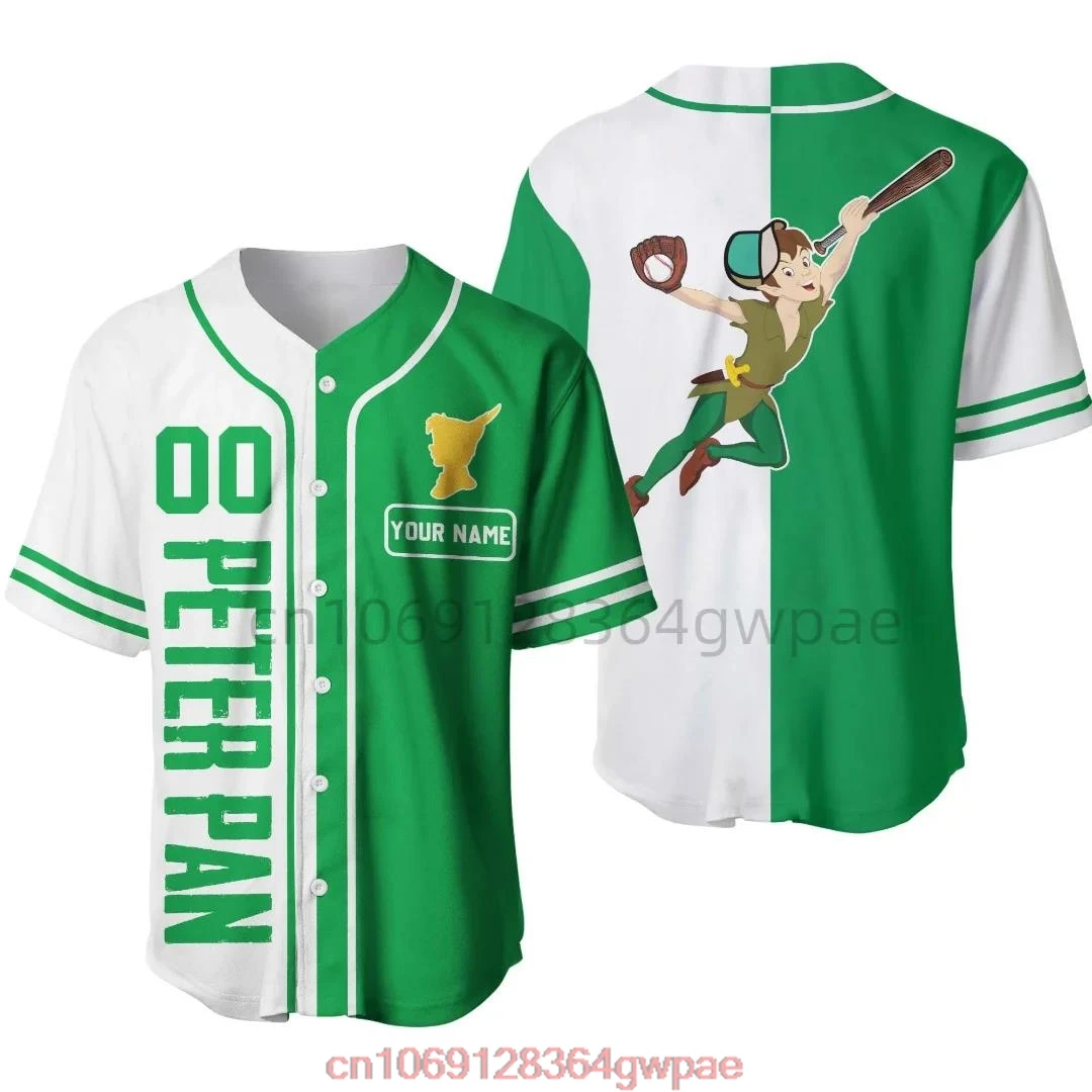 Disney Peter Pan Baseball Jersey Mens Women Short Sleeve Button Up Jersey Custom Name Disney Baseball Jersey Casual Sports Shirt