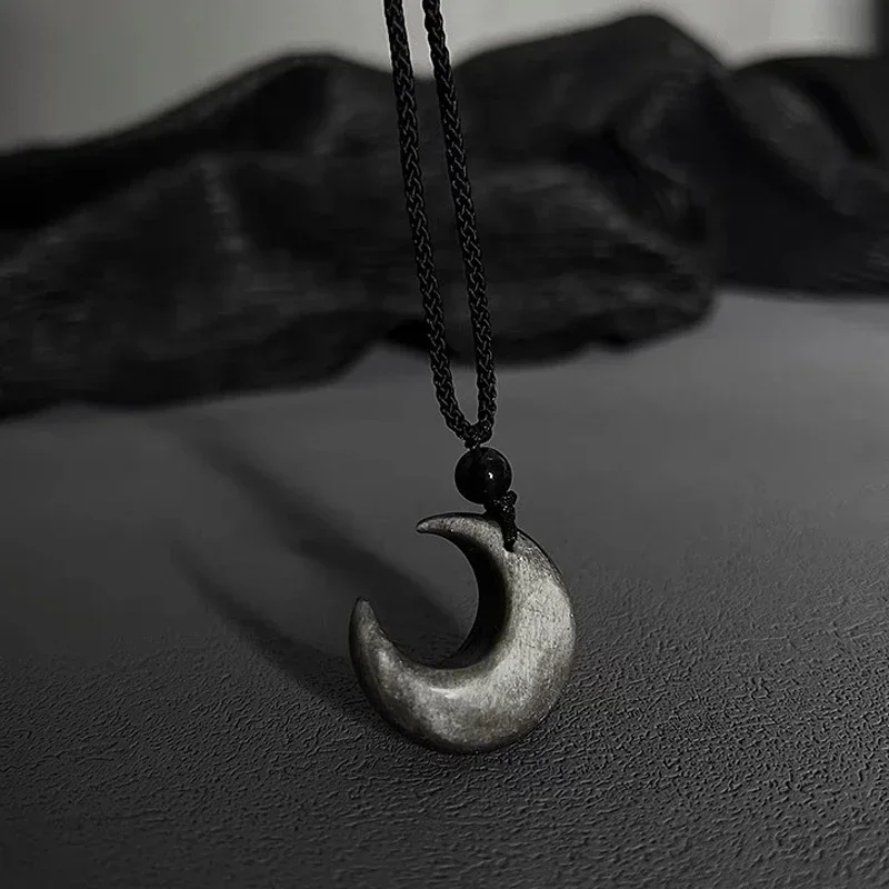 Lucky Crescent Moon Crystal Necklace Natural Stone Pendant Handmade Black Obsidian Opal Rope Wrap Necklace Adjustable