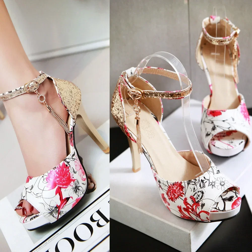 Glitter Women Platform Sandals Red Blue Flower Frint High Spike Heel Party Lady Tassel Sequined Cloth Ankle Strap Thin Stilettos view 3