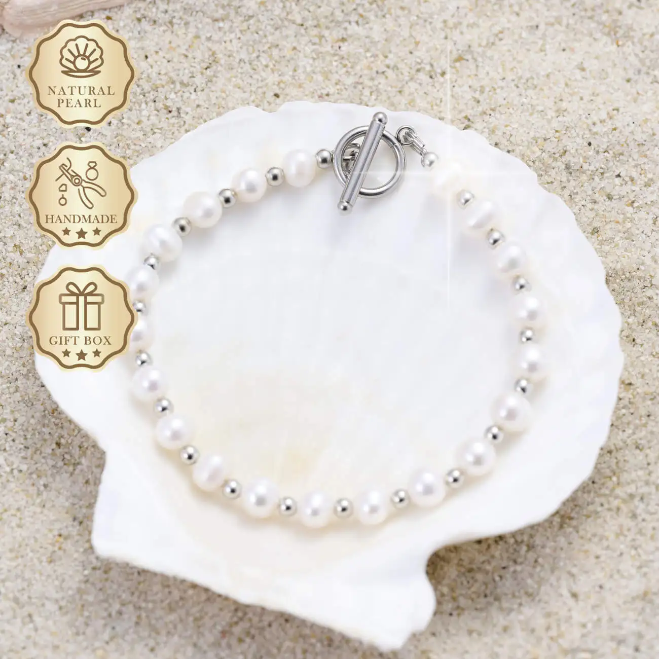 

MYSOYA White Freshwater Pearl Bracelet 5–6mm with Silver Beads & OT Clasp, Gift Box, Birthday & Anniversary Gift