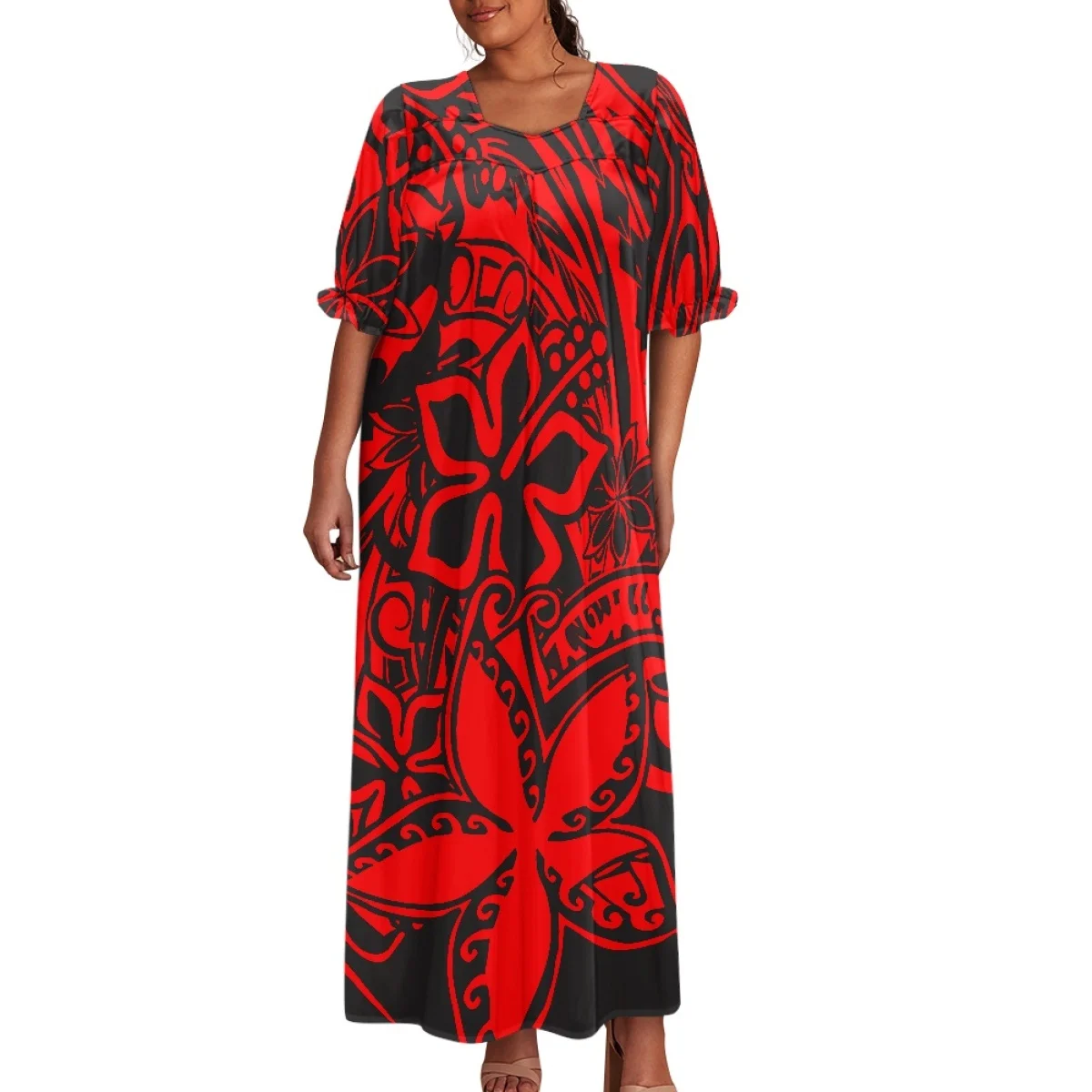 

Red Trendy Products Plus Size Ankle Length Loose Casual Dress Polynesian Plumeria Art Pattern Puff Sleeve Dress