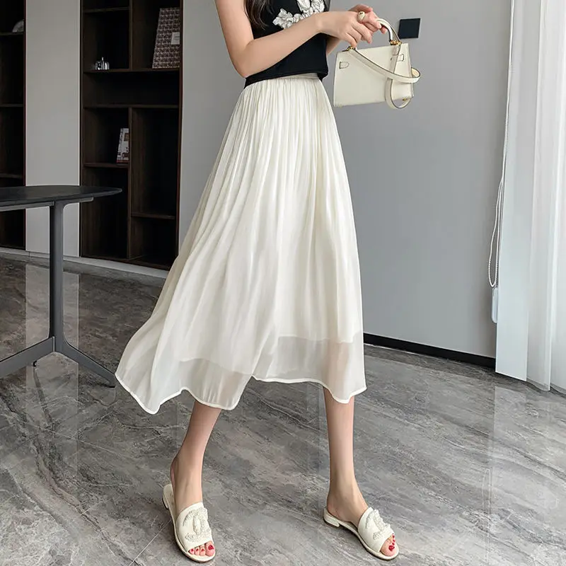 New Spring and Summer Women\'s Solid Color High Waist Elastic Gauze Pleated A-Line Appear Thin Fashion Casual All Match Skirt