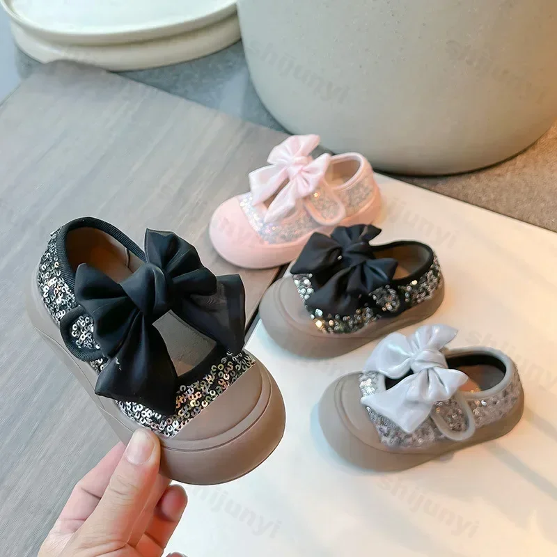 

Autumn New Children Soft Sole Casual Shoes Fashion Bowknot Shiny Girls Princess Flat Shoes Kids Shallow Breathable Canvas Shoes