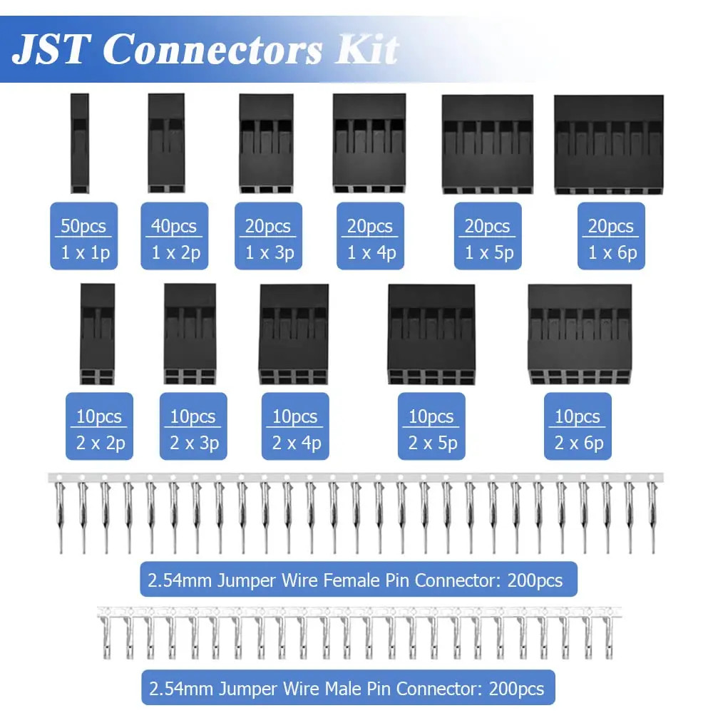 620 Pieces Dupont Crimp Pin Connector Kit 2.54mm Pitch JST SM 1 2 3 4 5 6 Pin Single/Double Row Dupont Male Female