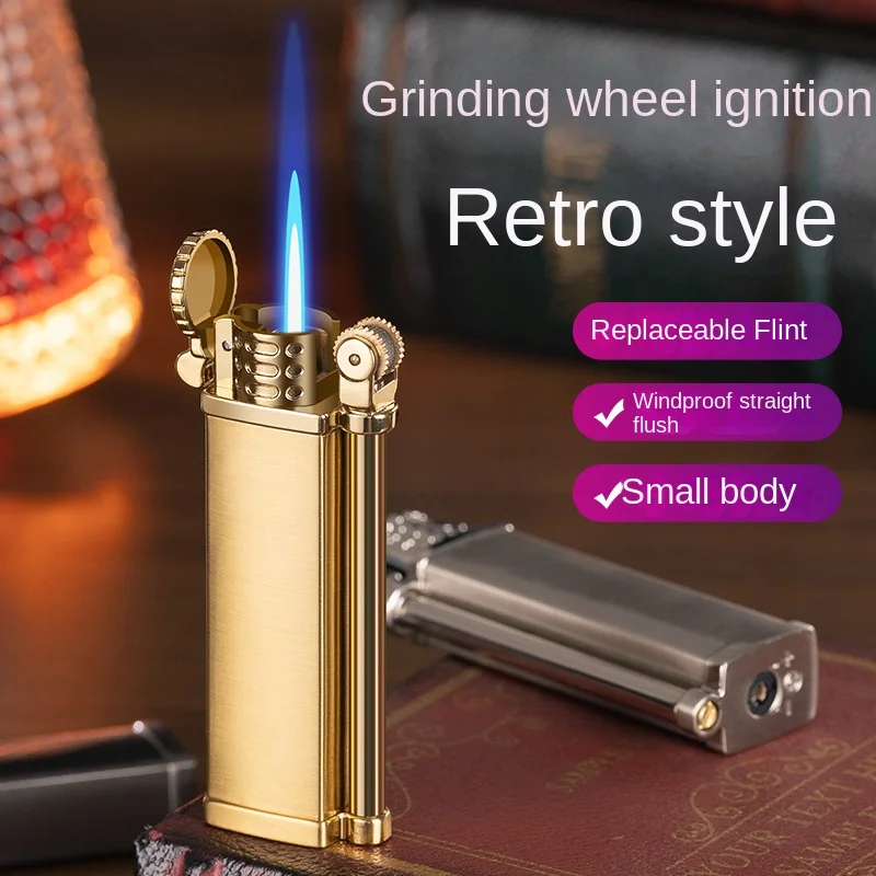 Metal Vintage Grinding Wheel Ignition Butane Gas Windproof Lighter Creative Direct Charge Blue Flame Inflatable Lighter Smoking