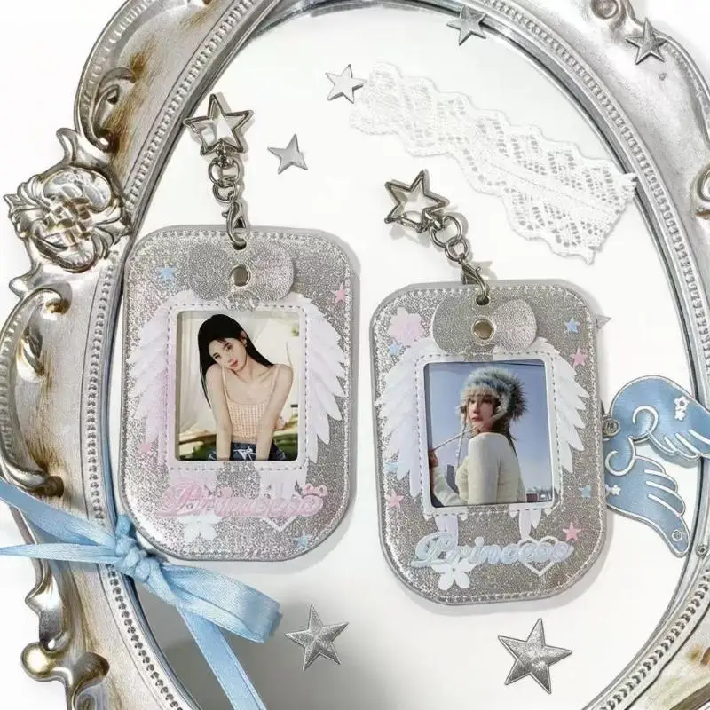 Shiny Glitter Photocard Holder Angel Wing Star Keychain For Kpop Fans Store Idol Photos ID Cards