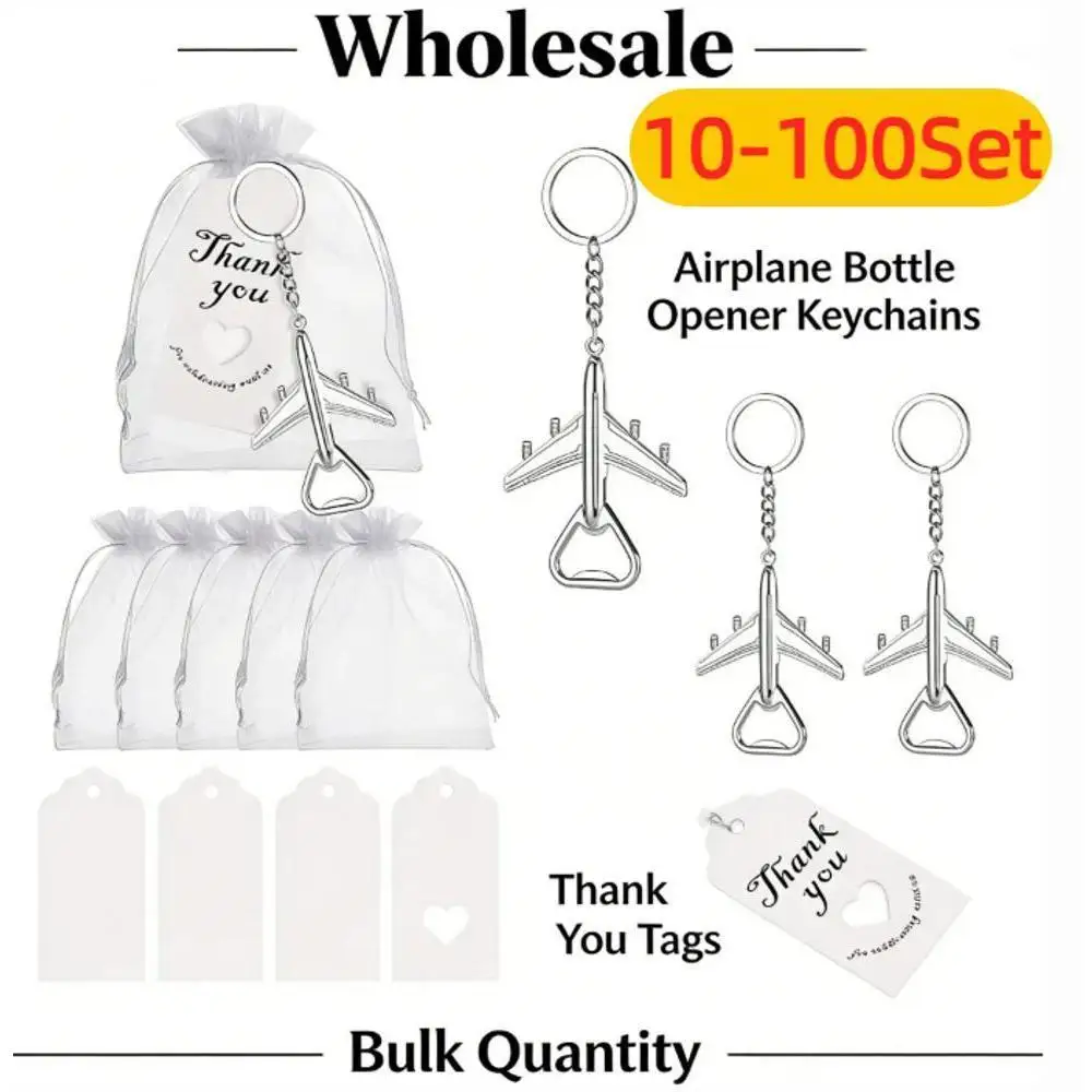 10-100Sets Airplane Keychain Bottle Openers with Sandbags, Ropes,Thank You Cards for Guests to Reveal Gender, Party Preferences