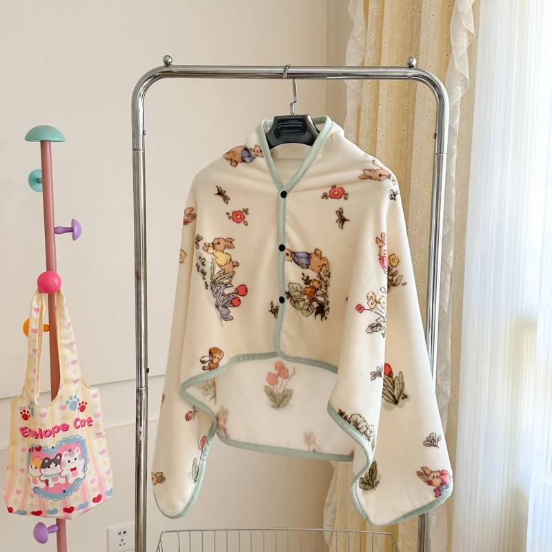 

Cartoon Rabbit Nap Shawl, Plant Flower Print Milk Velvet Throw Blanket, Portable Office Home Bedroom Break Blanket with Buttons