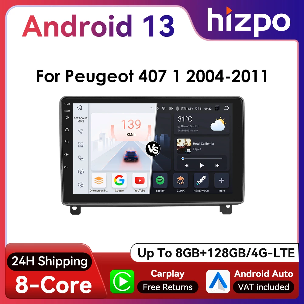 Hizpo 2Din 9inch CarPlay Android13 Car Radio for Peugeot 407 CC SW 2004 - 2011 Auto Stereo GPS RDS DSP 4G BT SWC 360° CAM