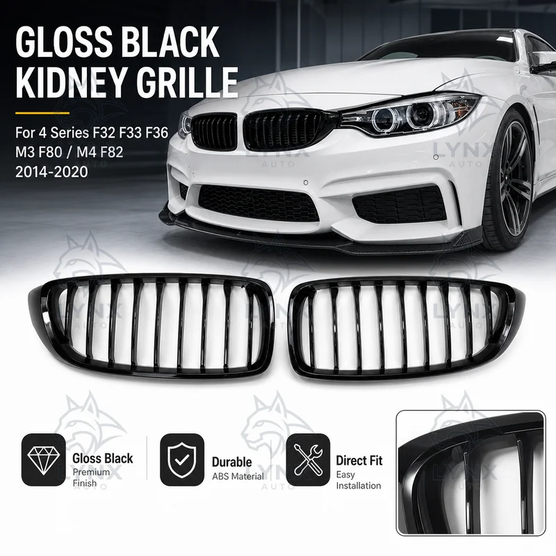 For BMW 4 Series F32 F33 F36 M3 F80 M4 F82 Single Line Gloss Black Front Bumper Kidney Grille Replacement 2014-2020