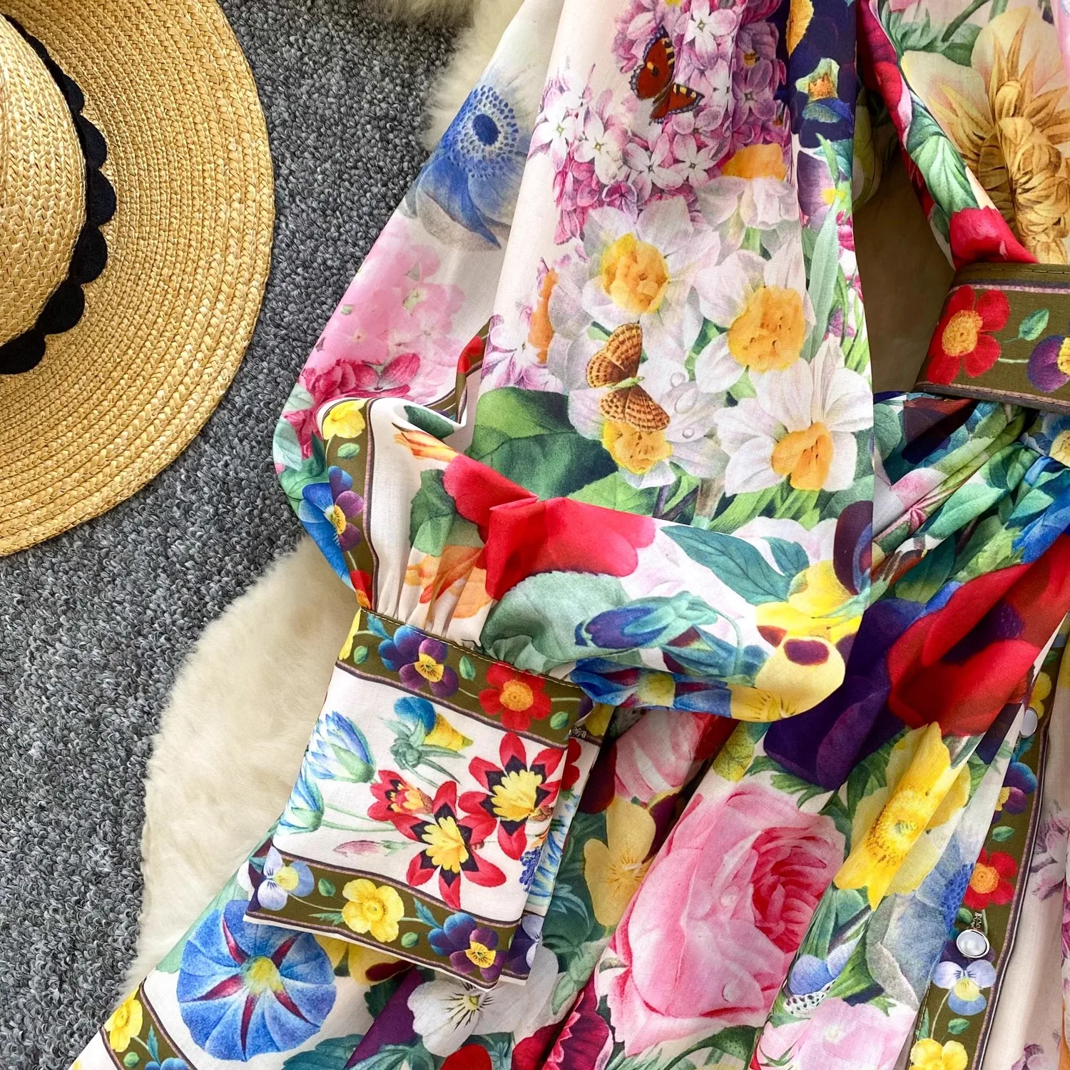 2025 primavera verão pista vestido curto feminino gola longa lanterna manga único breasted floral impressão cinto mini vestidos