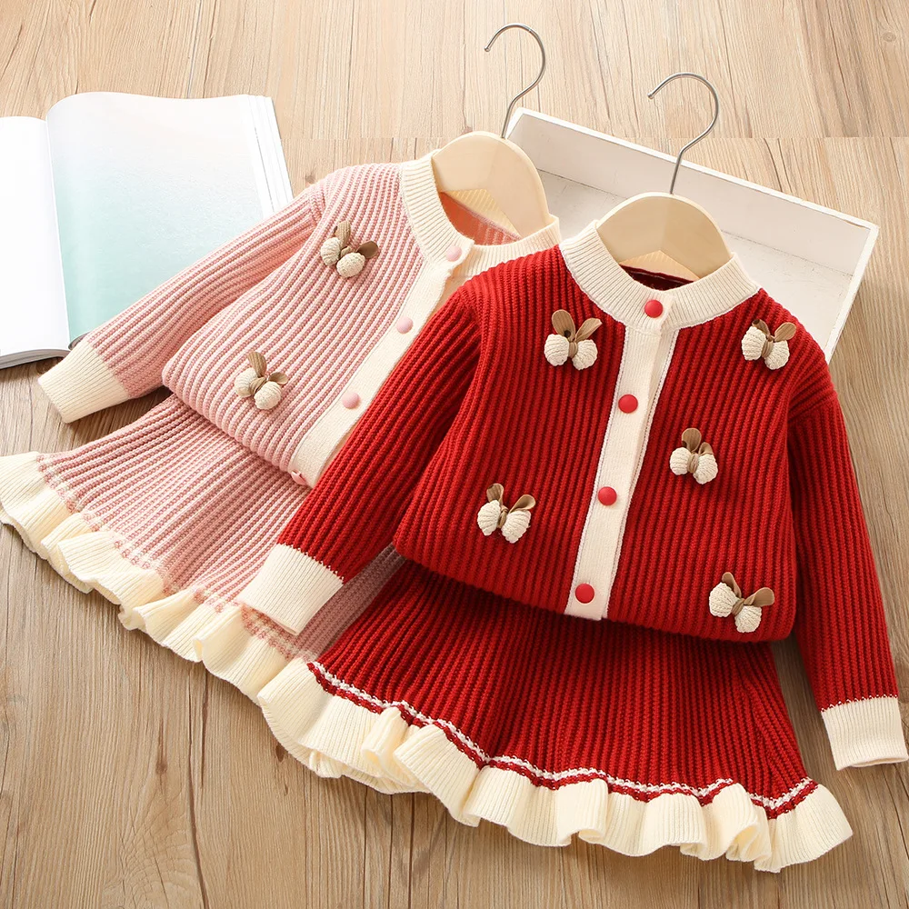 

Winter Thicked Girls Sweater Dress Cute Girl Knitted Skirt Butterfly Knit Kawaii Skirt Dress Two-piece Princess Dress