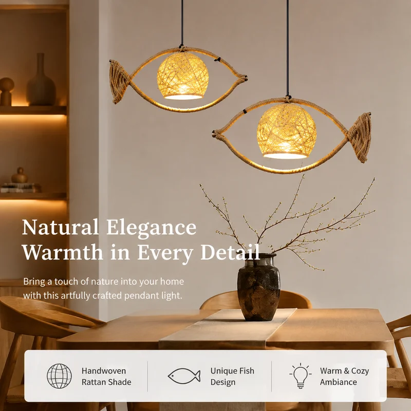 Pendant Light Fish Shaped Japanese Wicker Rope Iron Chandelier LED Warm Glow Fixture for Restaurant Bar Hotel Decor Ceiling Lamp