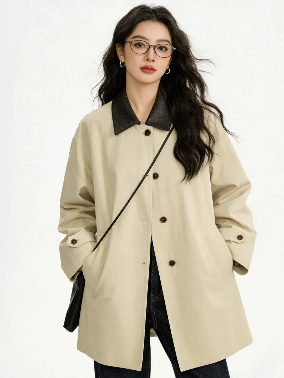 

Hebe Style Vintage Color Block Leather Collar Oversized Mid-Length British Style Coat Spring 2026 Women's Fashion Outerwear