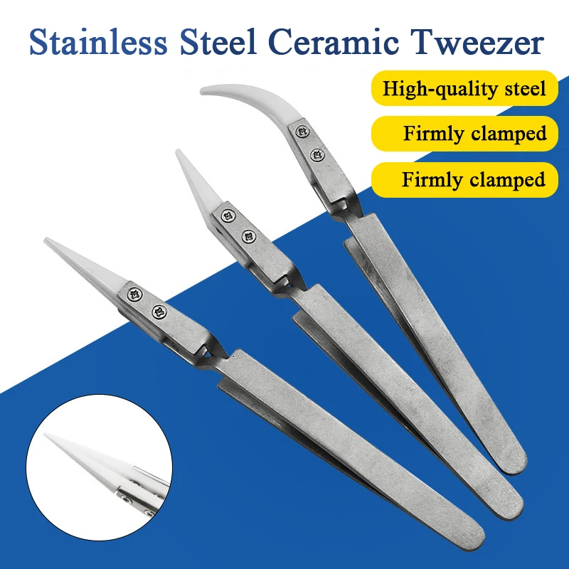 Stainless Steel Ceramic Tweezers Straight and Curved Pointed Tip Tweezer Acid Resistant Insulated Clamping for Electronic Repair