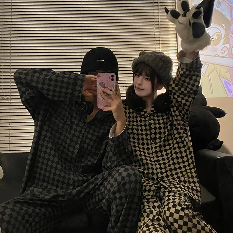 Couple Casual Sleepwear Women\'s Lounge Long Sleeve Top and Plaid Pants Soft Pajamas Comfortable Fashion Couple Home Suit