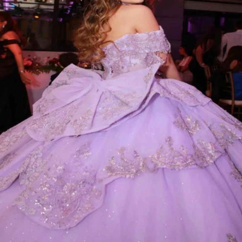 أرجواني فاتح لامع فساتين Quinceanera قبالة الكتف الترتر زين الدانتيل الديكور كريستال القوس تول مشد حفلة عيد ميلاد الحلو #4