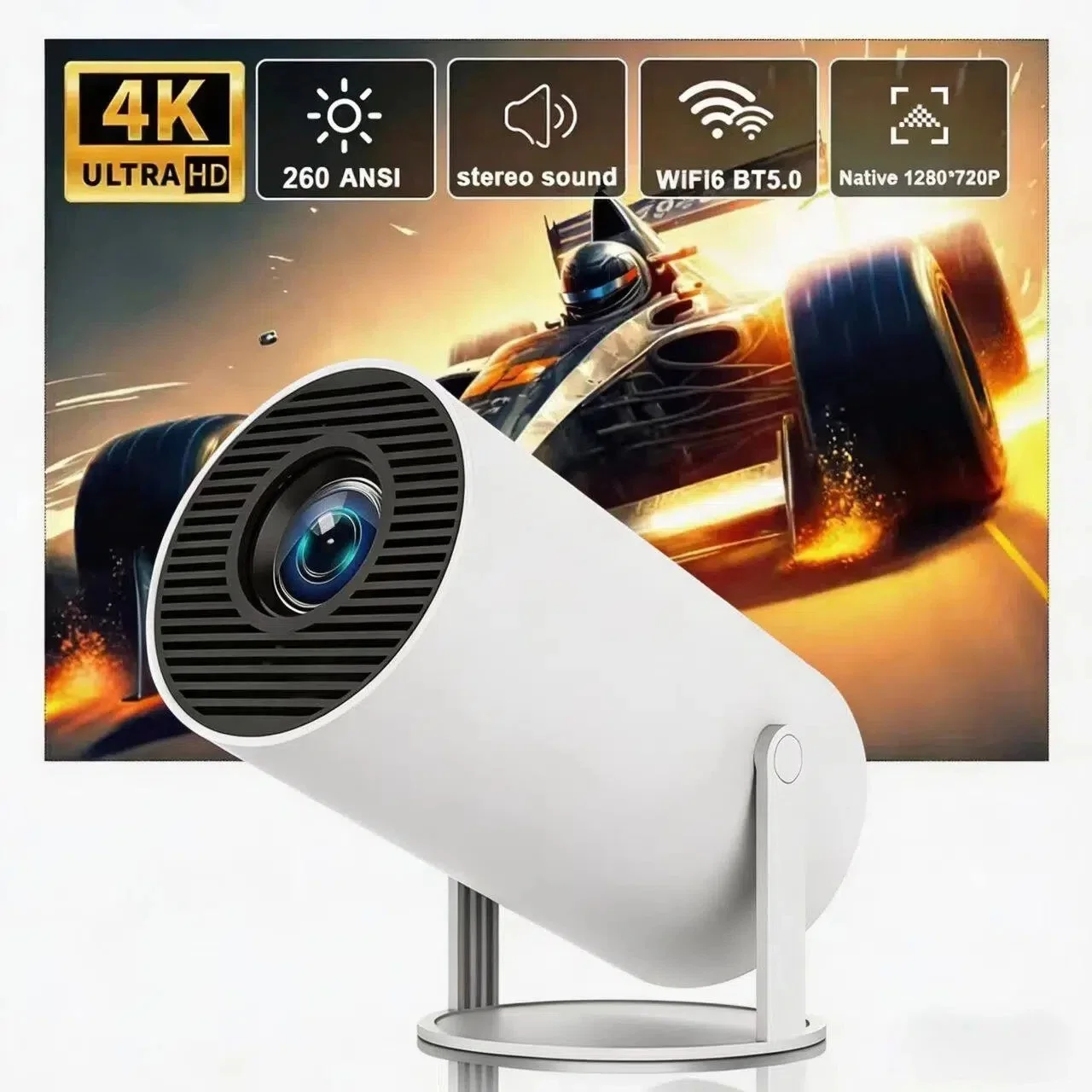

Портативный проектор 2026 HY300 4K Ultra HD 260ANSI с Bluetooth 5.4, электронной фокусировкой и встроенным динамиком для домашнего кинотеатра