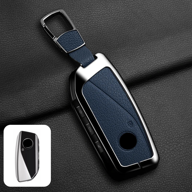 Image of Metall-Leder-Autoschlüsselhülle für BMW 218i 220i 740i 760i 5er-Serie G60 X1 X2 X5 X6 X7 iX1 iX2 iX i5 i7 G05 Schlüsselhalter-Gehäuse