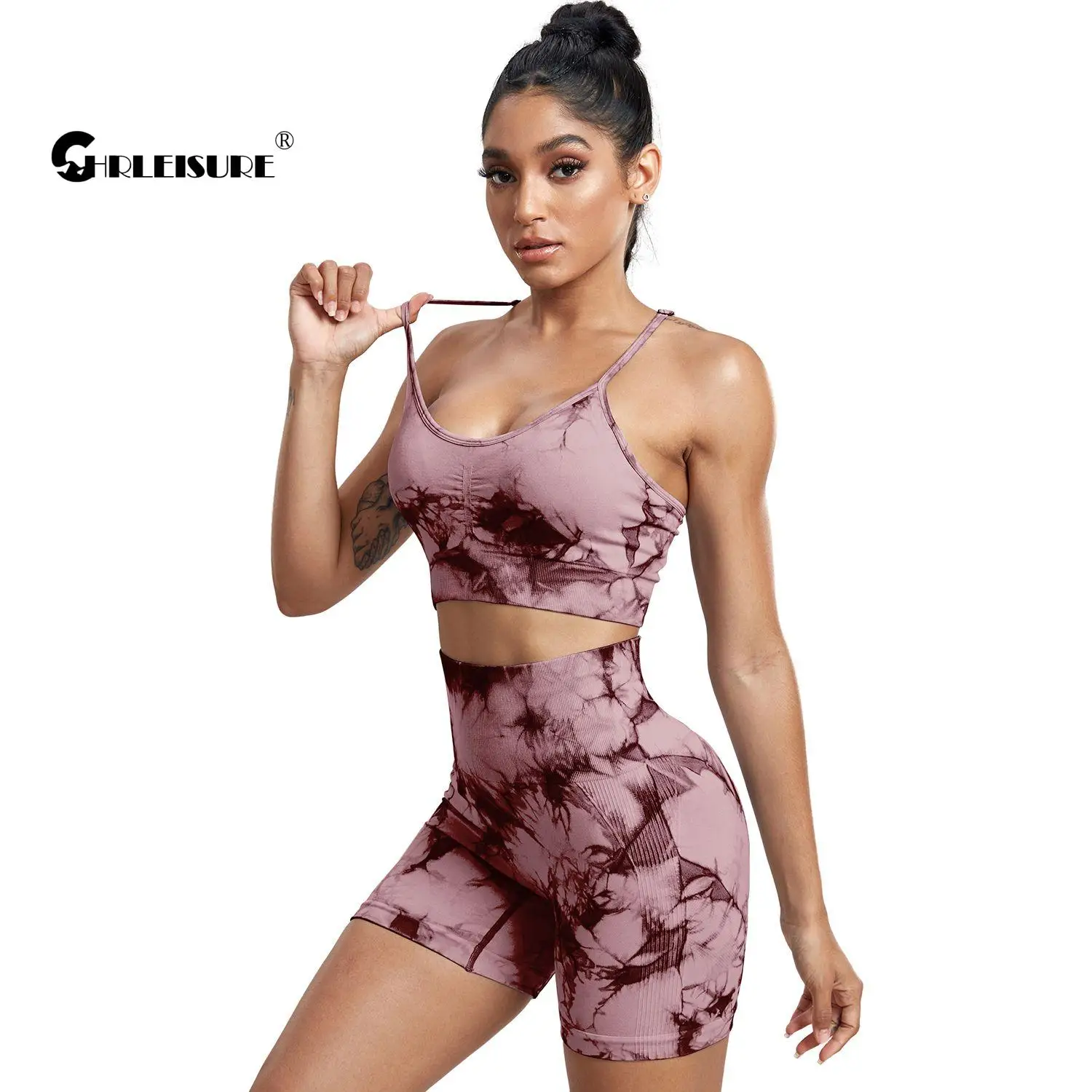 CHRLEISURE Tie Dye Yoga Sets for Women Seamless Sports Outfits Butt Lift Scrunch Cycling Shorts with Fitness Bra Sportswear