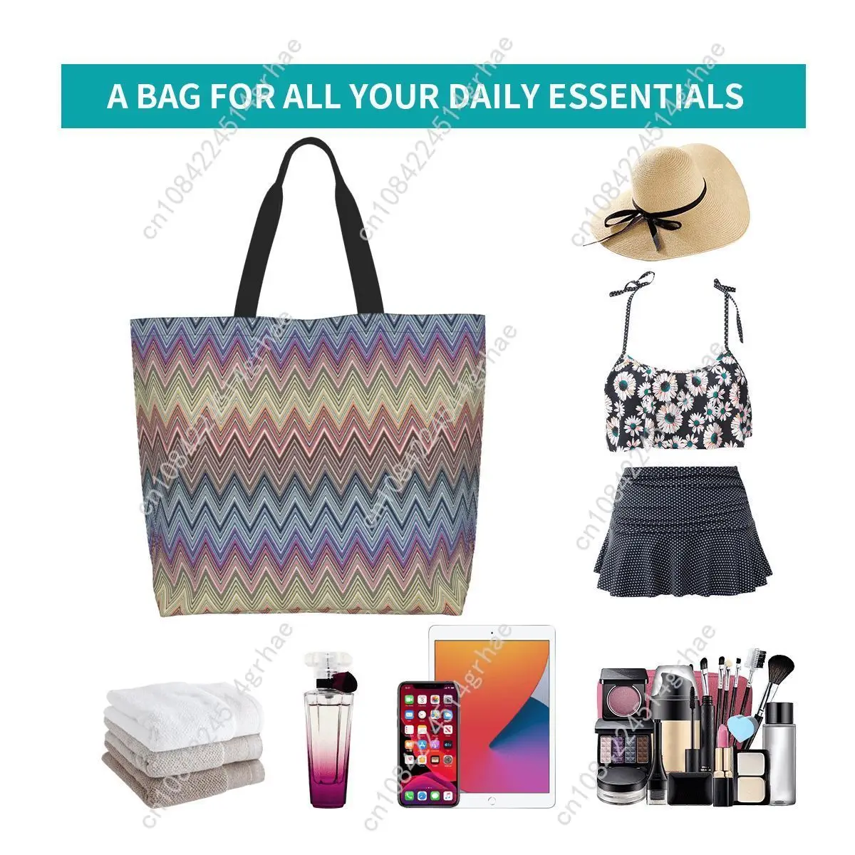 Picture 7: Custom Colorful Home Zig Zag Pattern Shopping Tote Bag Recycling Bohemian Geometric Zigzag Canvas Groceries Shoulder Shopper Bag